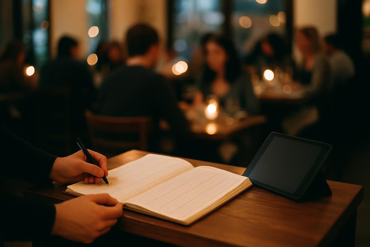 A host writes in an open paper reservation book beside a tablet at a restaurant host stand, with diners at candlelit tables behind.