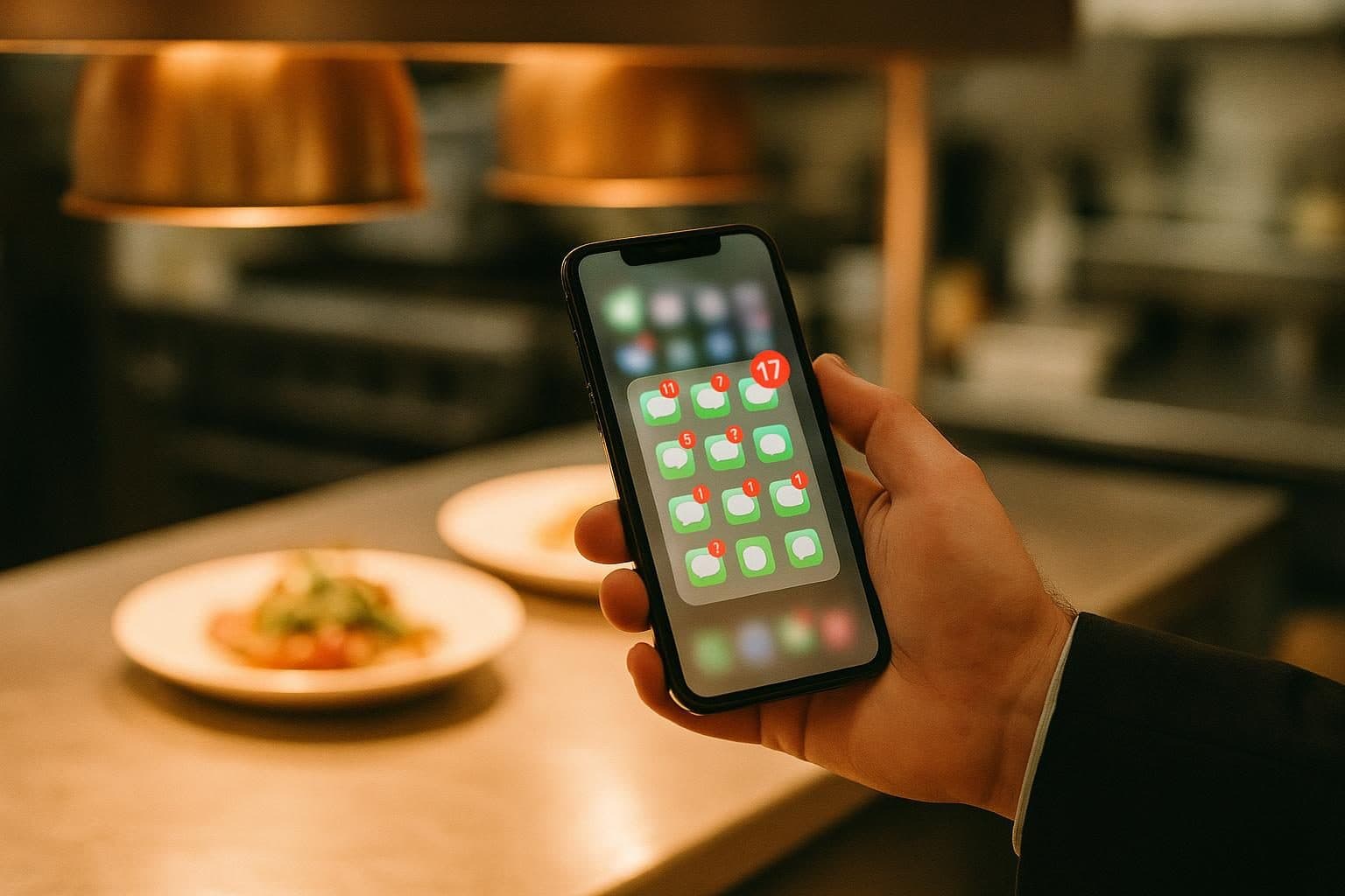 A restaurant manager holds a phone full of unread booking messages at the kitchen pass while plates wait under the heat lamps.