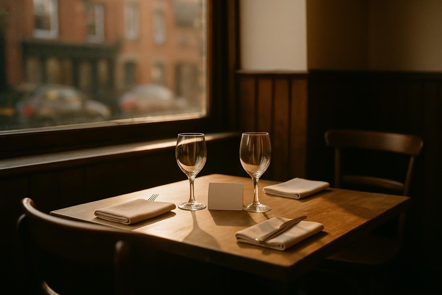 A table for two set by the window of a small bistro before service, with two glasses and a blank reservation card.