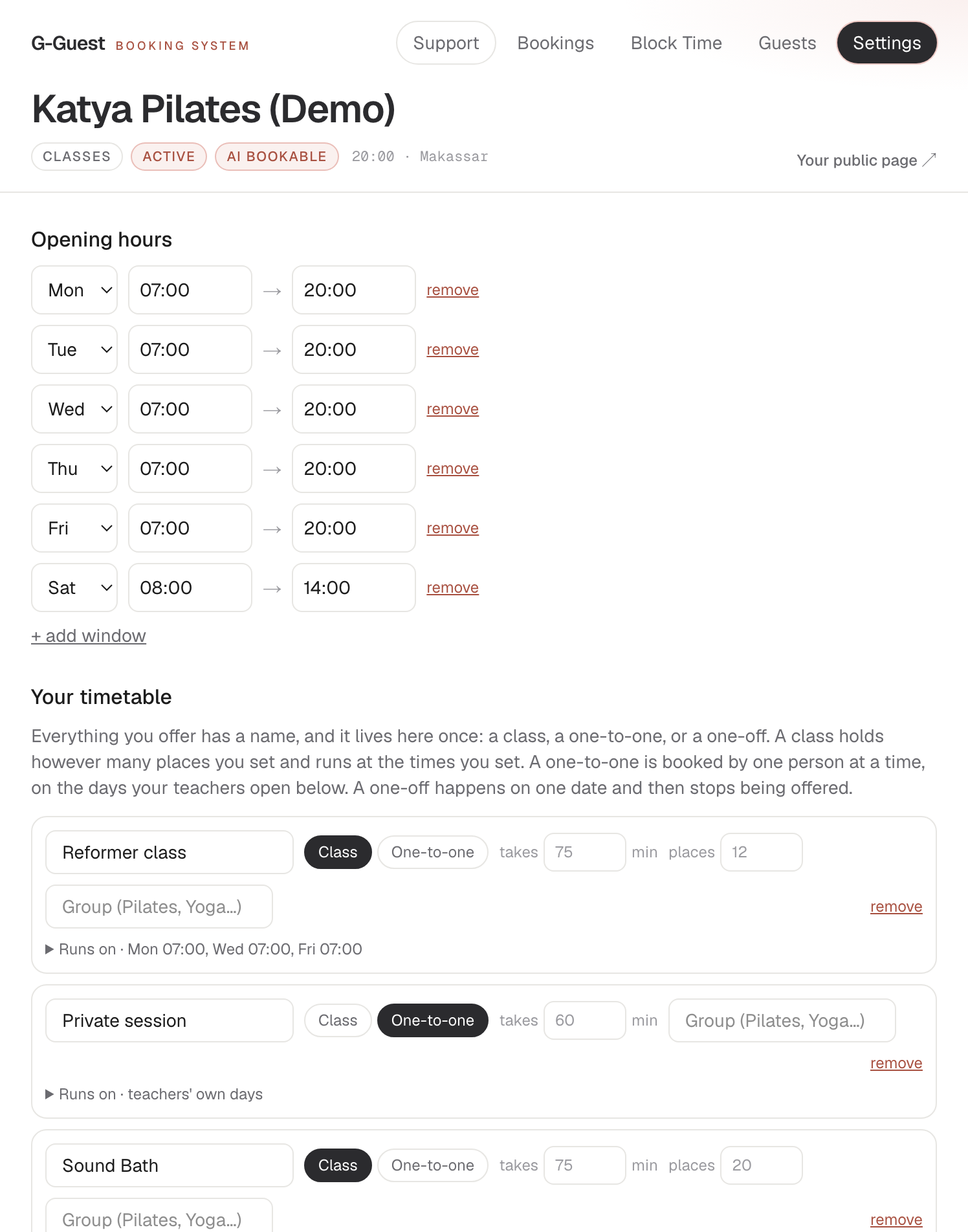 The settings screen: the studio timetable, with each class named, its capacity and the days it runs