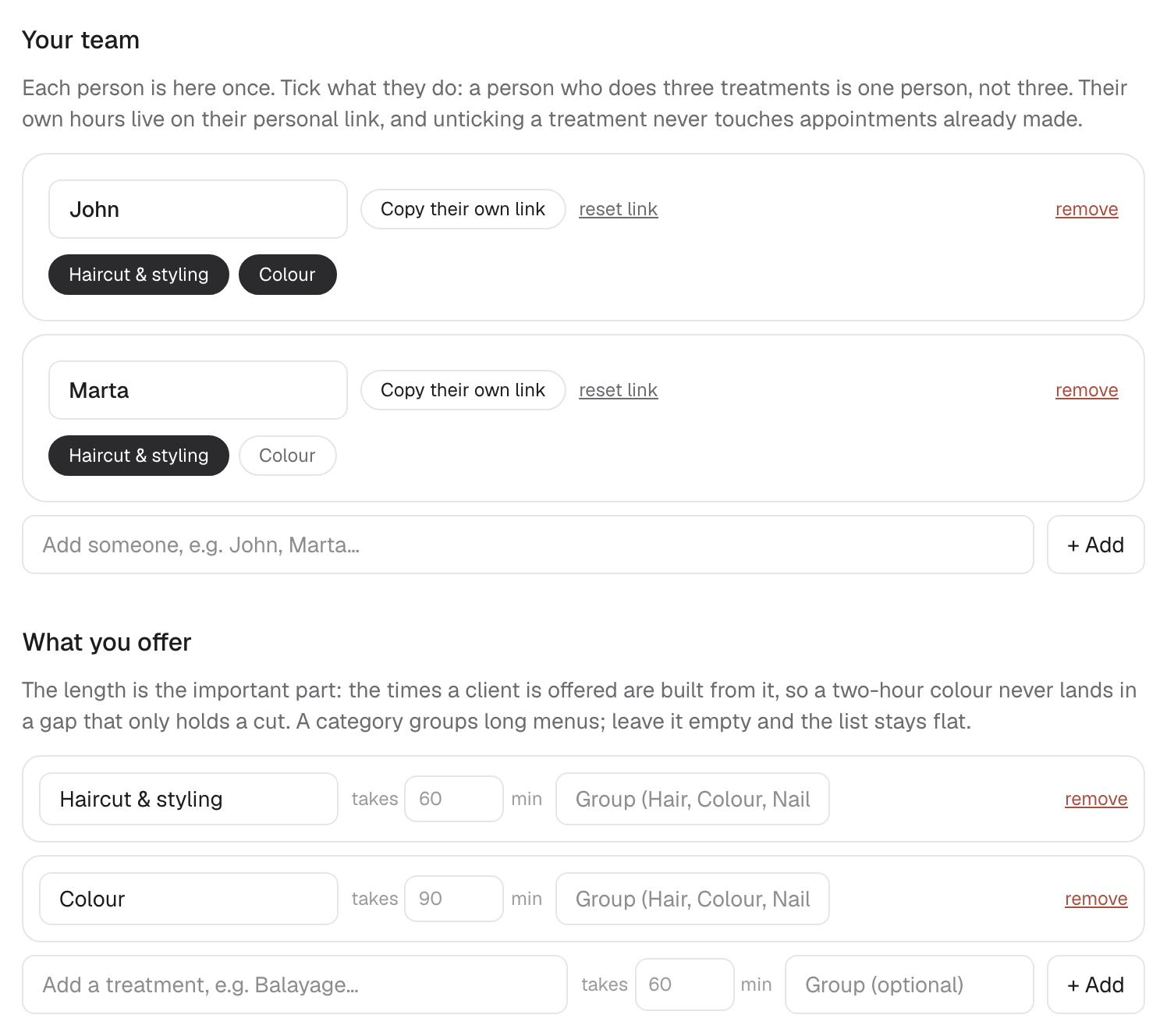 The settings screen: each specialist listed once, with the treatments they do and a button that copies their own personal link